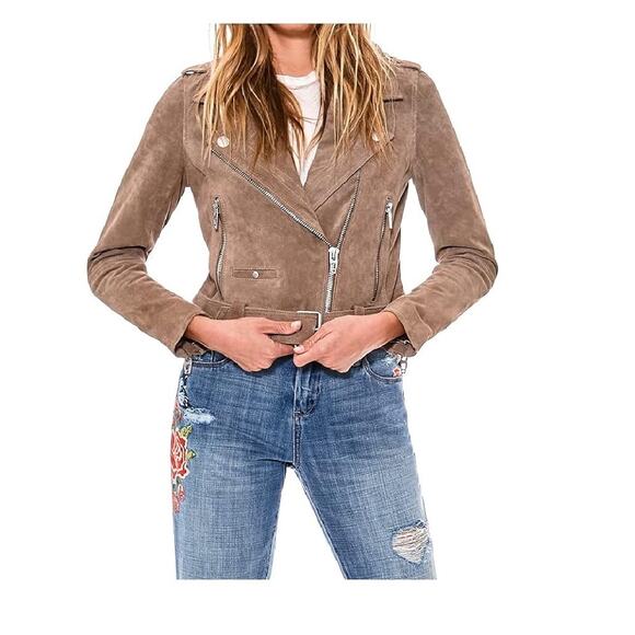 Blank NYC Womens Suede Moto Jacket Cropped Notch Collar Sand Stoner Small NWT - Picture 2 of 13